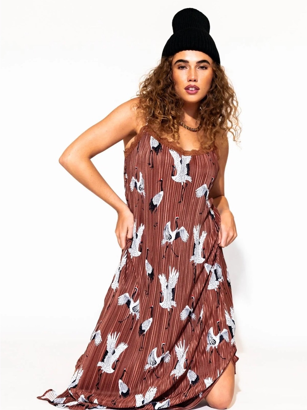Brown Printed Slip Dress with Lace Trim